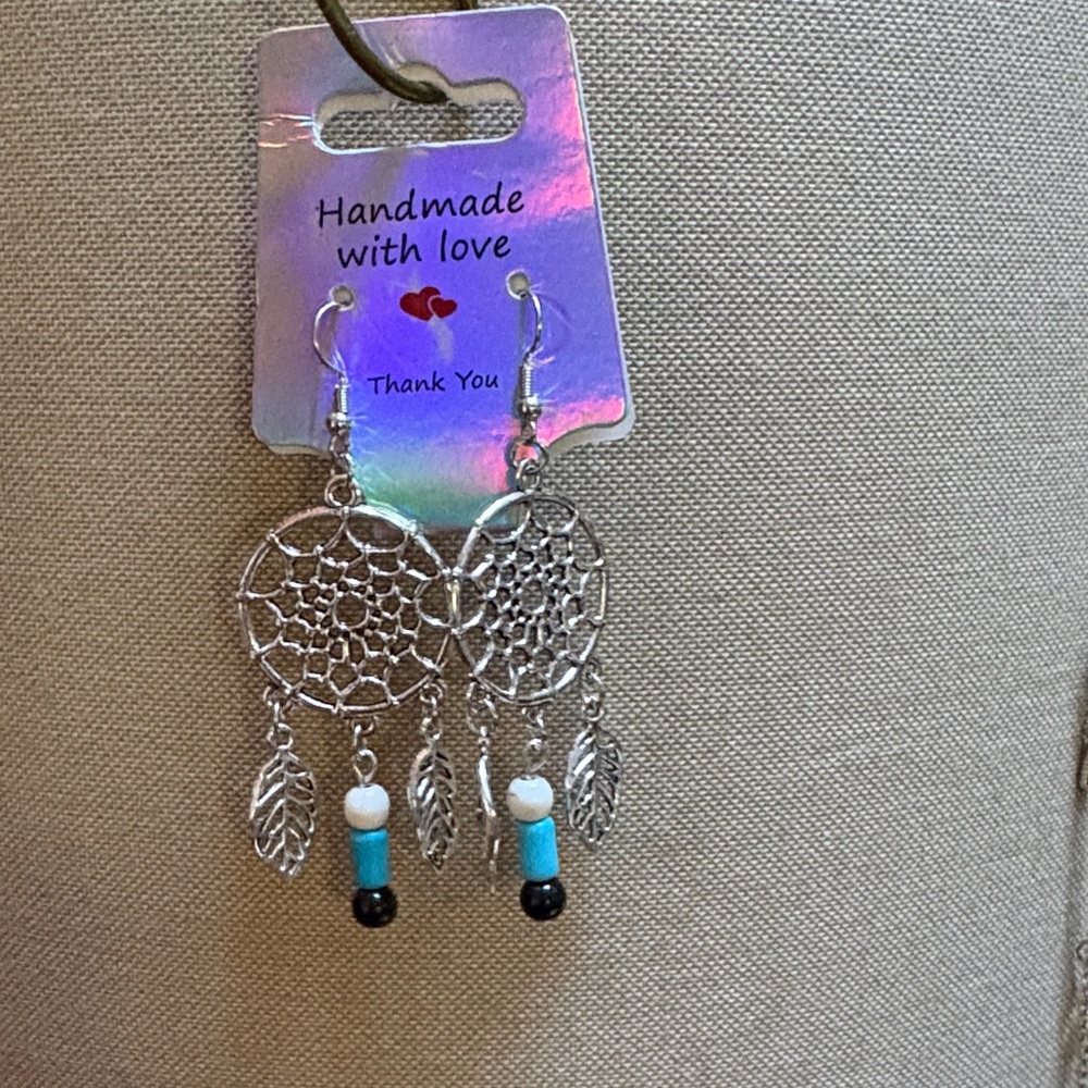 Handcrafted Silver Dreamcatcher Earrings with Turquoise Accents